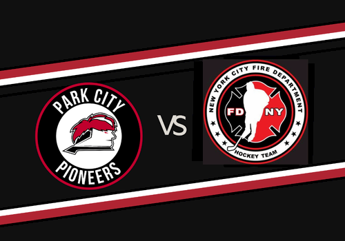 A graphic showing Park City Pioneers vs New York Fire Department hockey team logos, with &ldquo;VS&rdquo; between them.