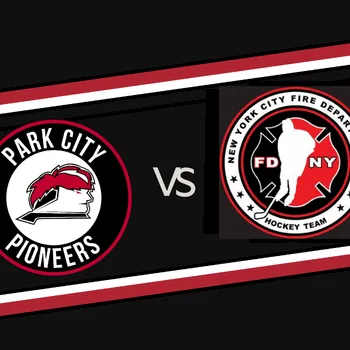 A graphic showing Park City Pioneers vs New York Fire Department hockey team logos, with “VS” between them.