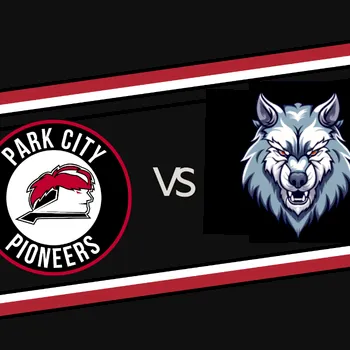 Score graphic shows Park City Pioneers vs a snarling wolf logo on a black and red match banner.
