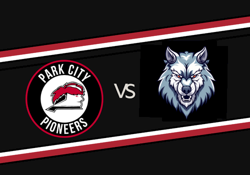 Score graphic shows Park City Pioneers vs a snarling wolf logo on a black and red match banner.
