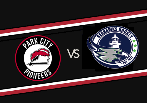 The image shows a matchup graphic: Park City Pioneers vs the Seahawks Hockey team with their logos facing off.