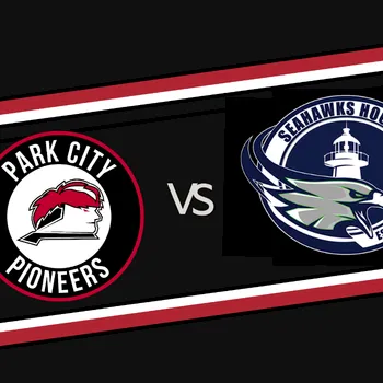 The image shows a matchup graphic: Park City Pioneers vs the Seahawks Hockey team with their logos facing off.