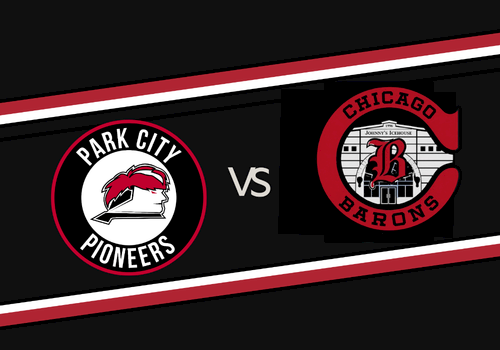 An esports-style matchup graphic shows the Park City Pioneers vs the Chicago Barons, with both team logos facing off.