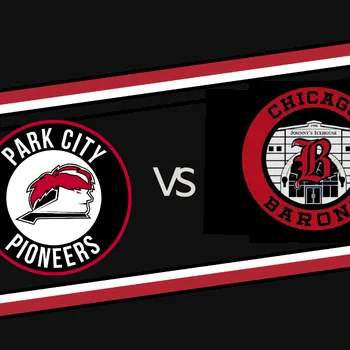 An esports-style matchup graphic shows the Park City Pioneers vs the Chicago Barons, with both team logos facing off.